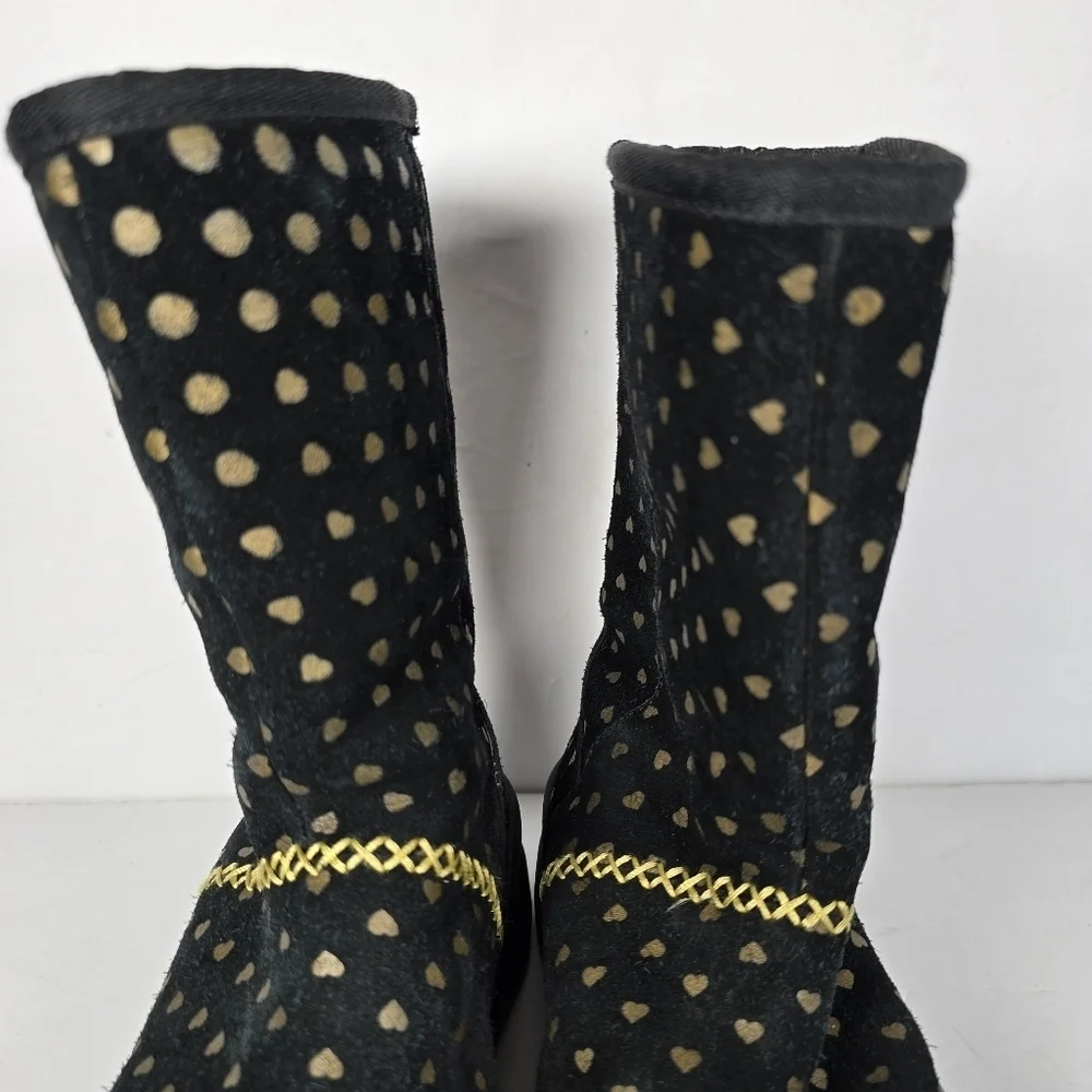 UGG I Heart Girls Black Suede Boots With Gold Hearts/Gold Rope Detail Size 3